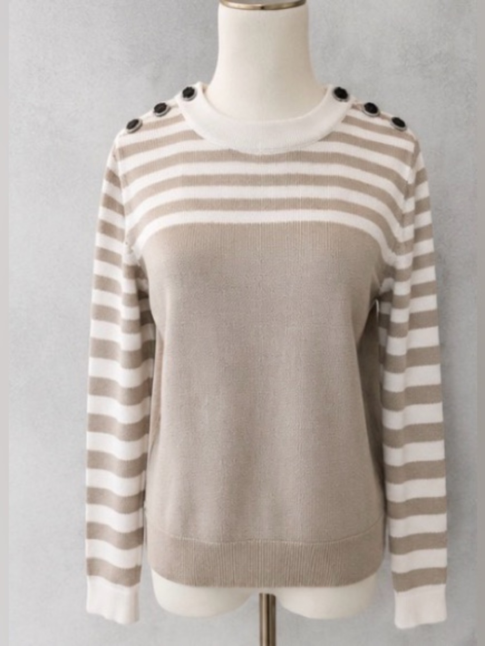 [Per Se] Neutral Stripe Lightweight Crewneck Sweater Sz S